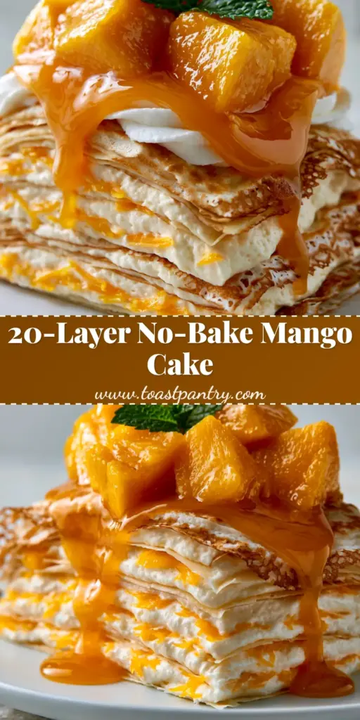 A towering 20-layer Mango Crepe Cake topped with fresh mango cubes and a glossy orange coulis drizzle on a white plate.