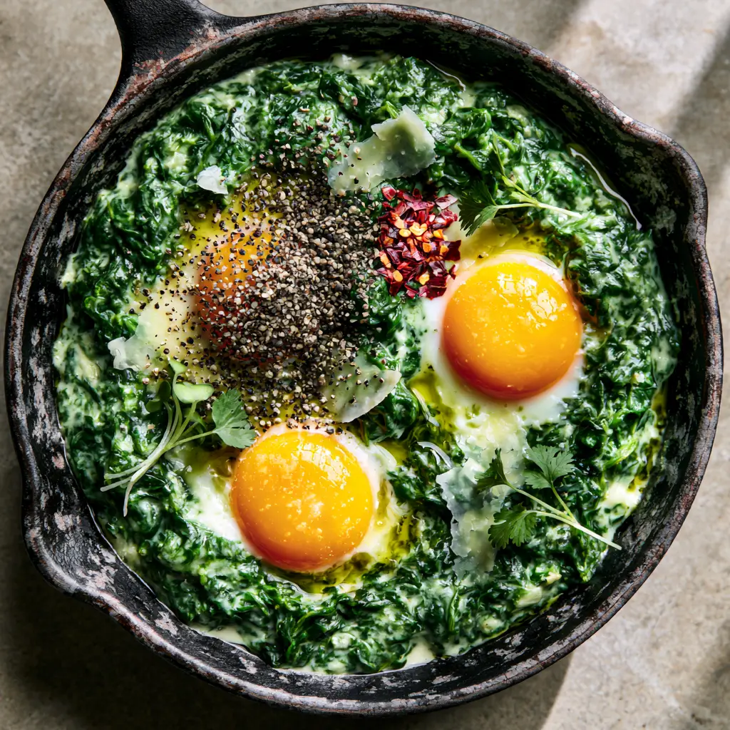 Overhead view of a rustic cast iron skillet filled with green shakshuka, showcasing marigold yolks and baby micro-cilantro garnish.