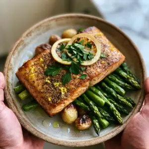 Close up of shimmering lemon butter glaze on a seared salmon fillet with coarse pepper. (Lemon pepper salmon)