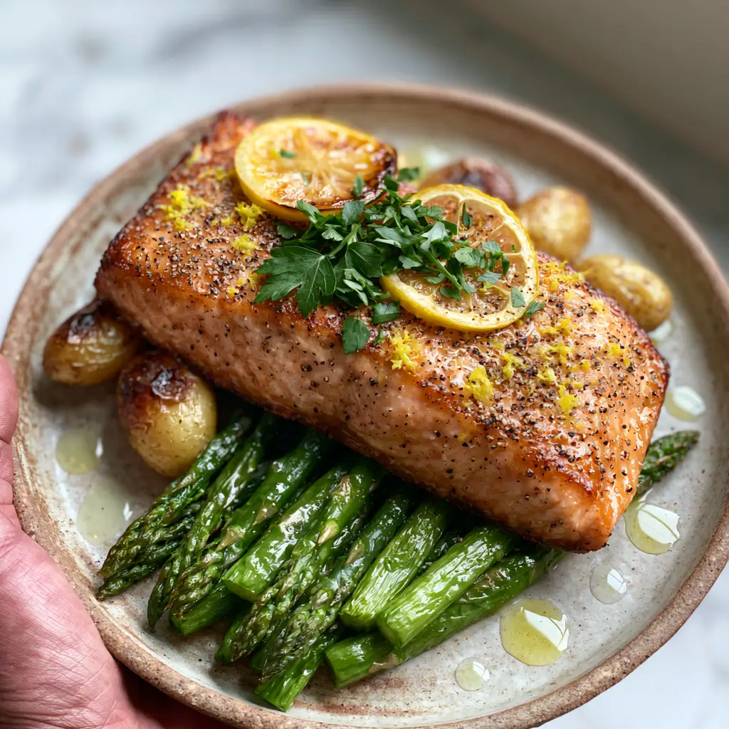 A smartphone photo of salmon with golden-crisp edges and bright yellow lemon zest. (Lemon pepper salmon)