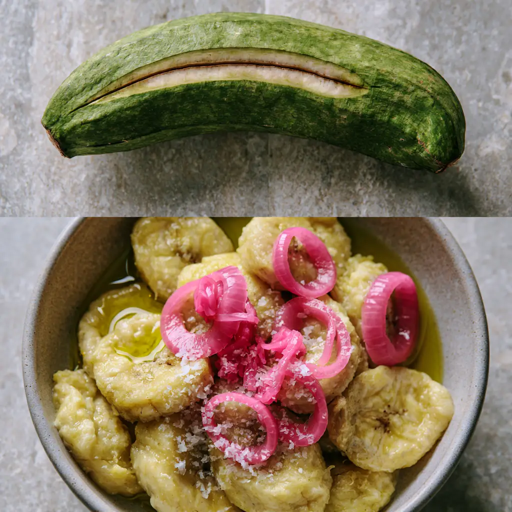 Close up of buttery yellow Boiled Green Plantain rounds topped with glistening olive oil and pink pickled onions.