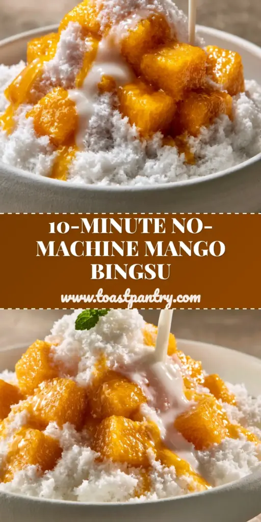 A tall heap of powdery white milk ice topped with glistening golden mango cubes and a condensed milk drizzle in a white bowl. (mango bingsu)