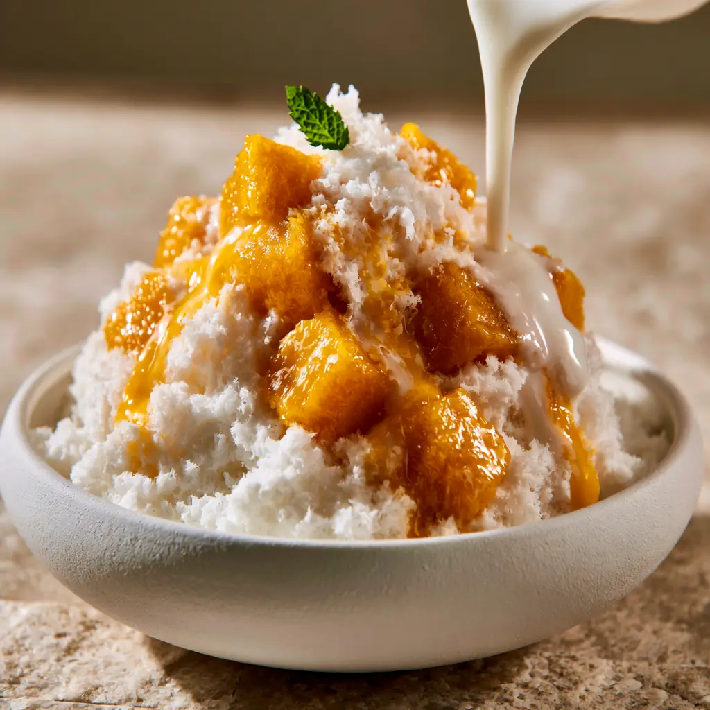 Sweetened condensed milk being poured in glossy ribbons over a heap of mango bingsu.