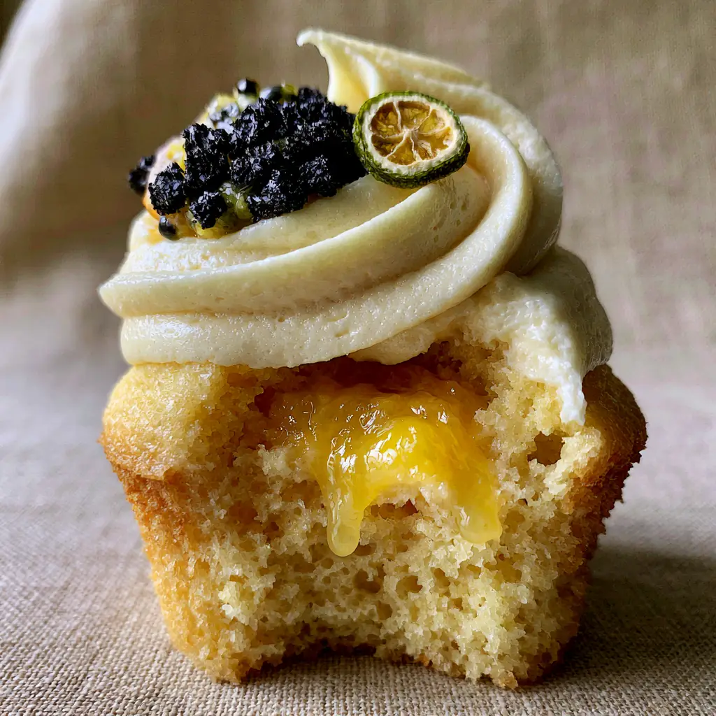 Close up of the velvety ivory Prosecco buttercream garnished with black passion fruit seeds and a lime wheel.