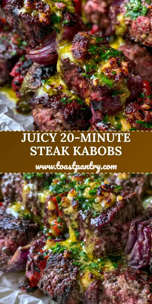 A handheld smartphone photo of juicy steak kabobs on parchment paper, featuring seared sirloin cubes, charred onions, and blistered peppers with a garlic butter drizzle. (steak kabobs)