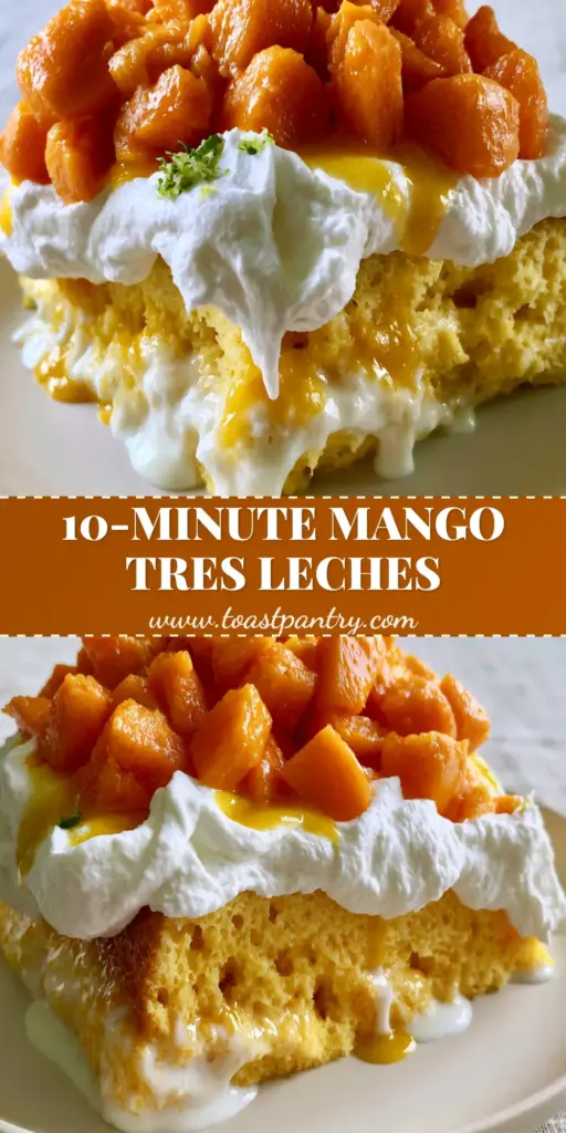 A generous slice of mango tres leches cake on a ceramic plate, showing the saturated sponge and thick whipped cream topping.