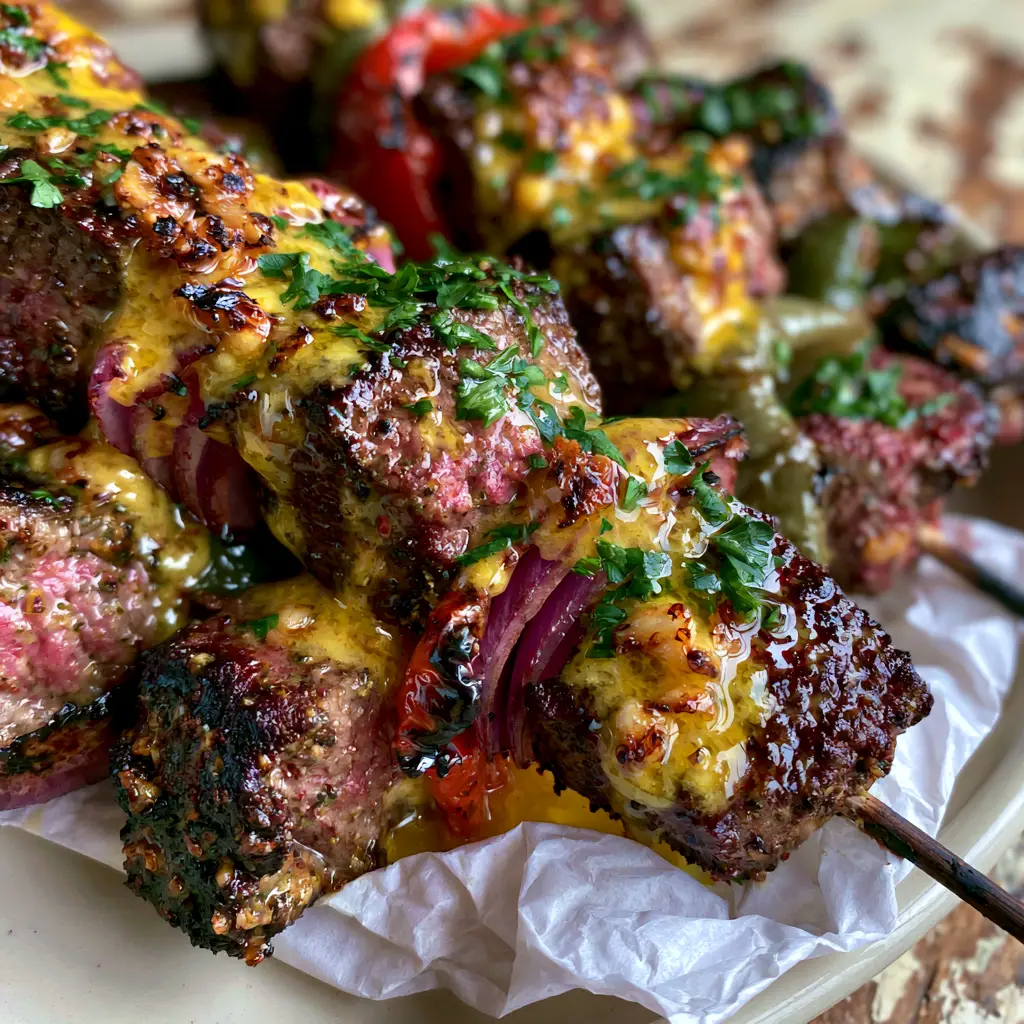 A plate of garlic butter steak kabobs with blistered red and green bell peppers on crumpled parchment paper.