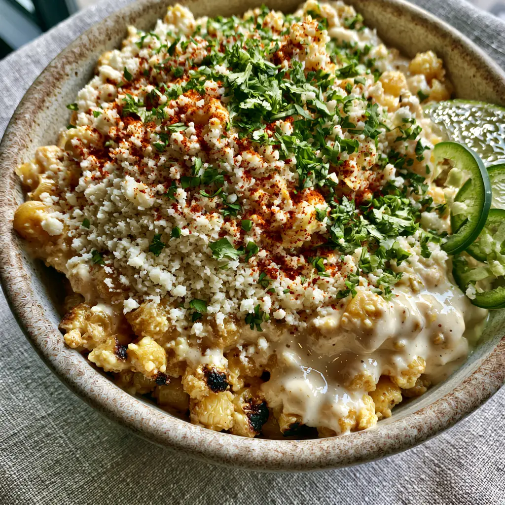 Top-down view of Mexican street corn salad garnished with sliced jalapeños and a lime wedge in a ceramic bowl.