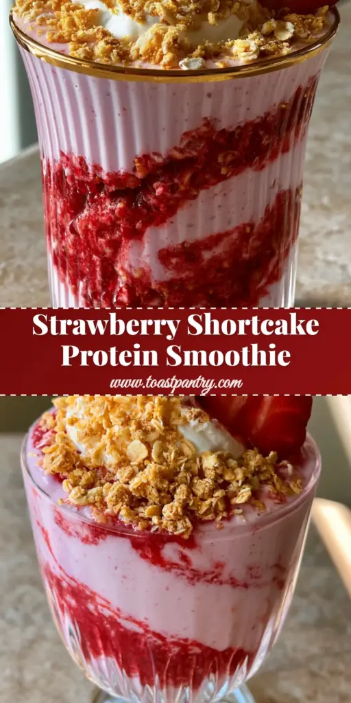 Strawberry Shortcake Smoothie with Toasted Golden Oat Crumble 4 A thick and creamy Strawberry Shortcake Smoothie in a ribbed glass with a vibrant red puree swirl and golden oat crumble topping.
