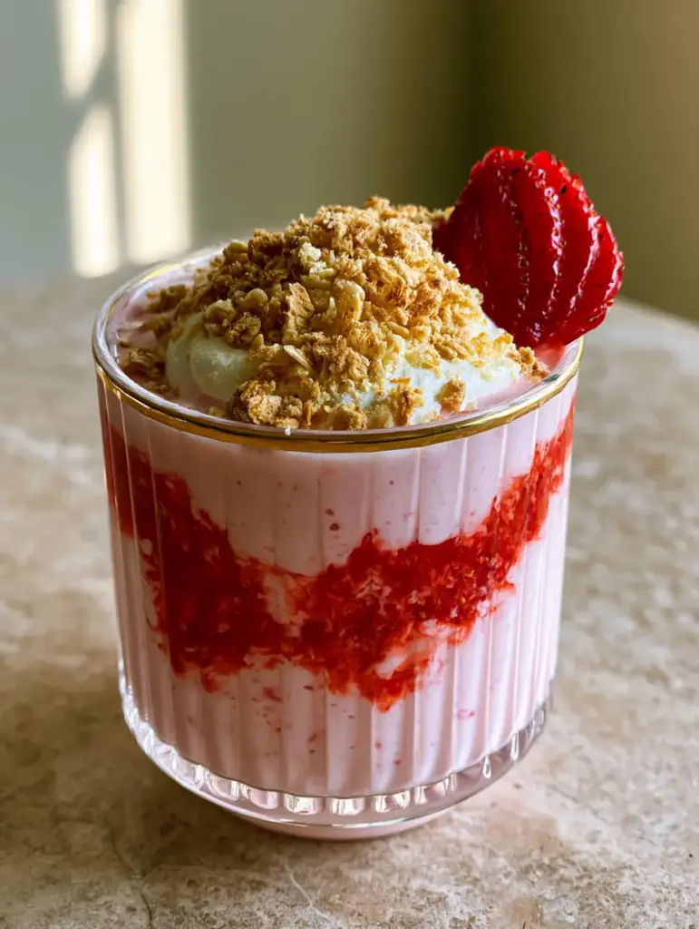Strawberry Shortcake Smoothie with Toasted Golden Oat Crumble 2 Close-up of a Strawberry Shortcake Smoothie showing the pale pink base and vibrant red swirled strawberry puree.