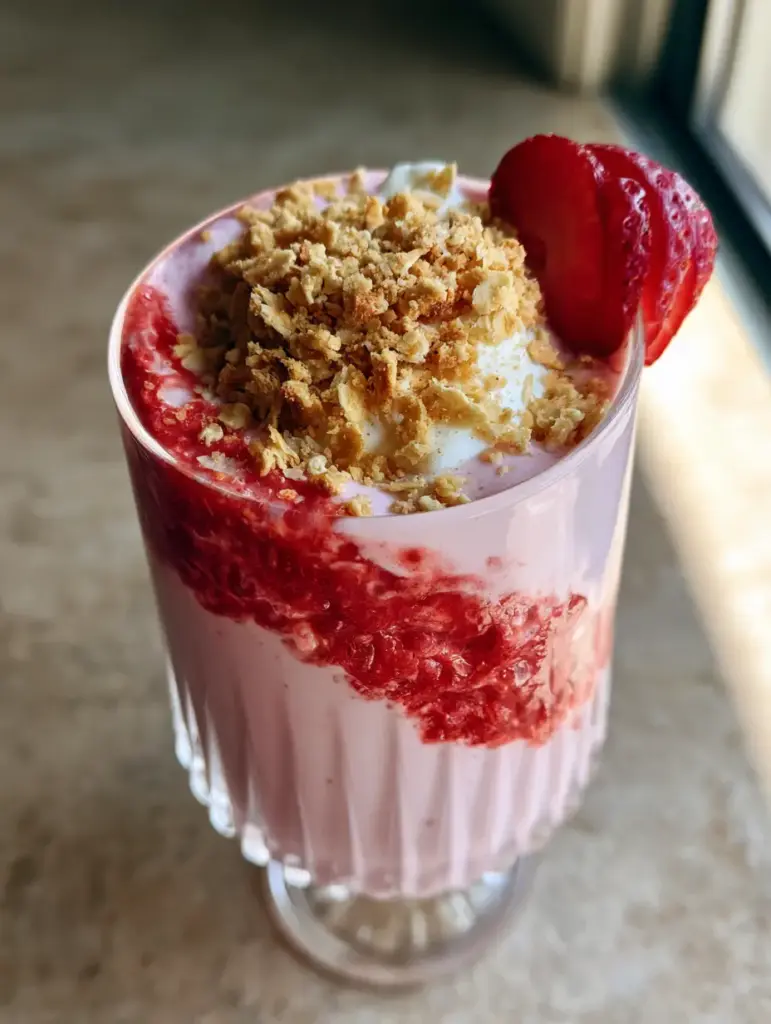 Strawberry Shortcake Smoothie with Toasted Golden Oat Crumble 1 A hand-held smartphone style photo of a Strawberry Shortcake Smoothie topped with whipped cream and toasted oats on a stone countertop.