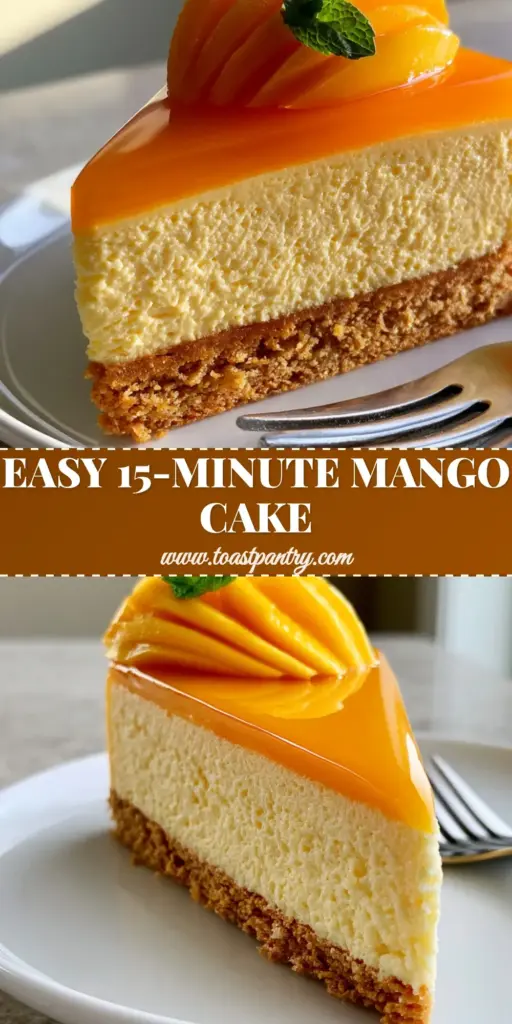 A tall, sharp vertical slice of mango mousse cake with a reflective orange mirror glaze and a fresh mango fan garnish on a white plate.