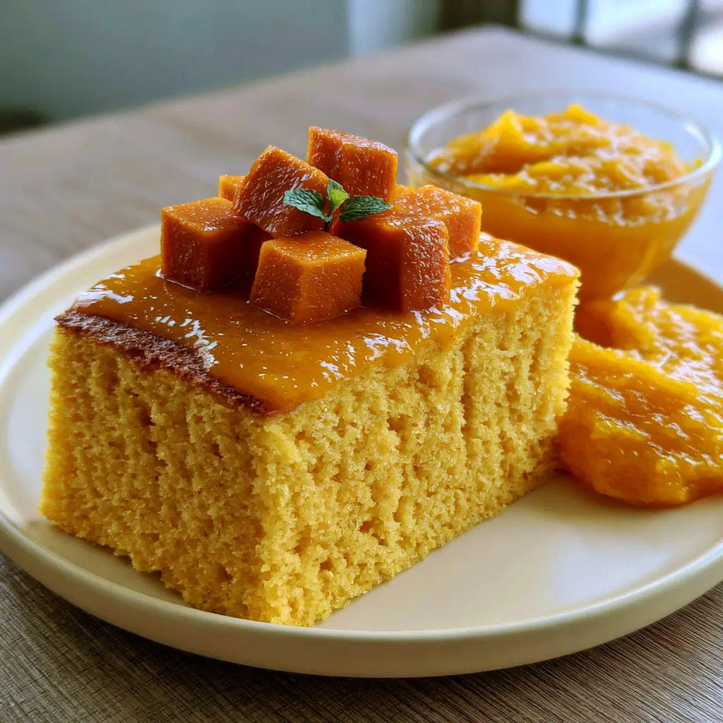A close up of the Mango Gold fruit paste and fresh Alfonso cubes atop Mango Cakes.
