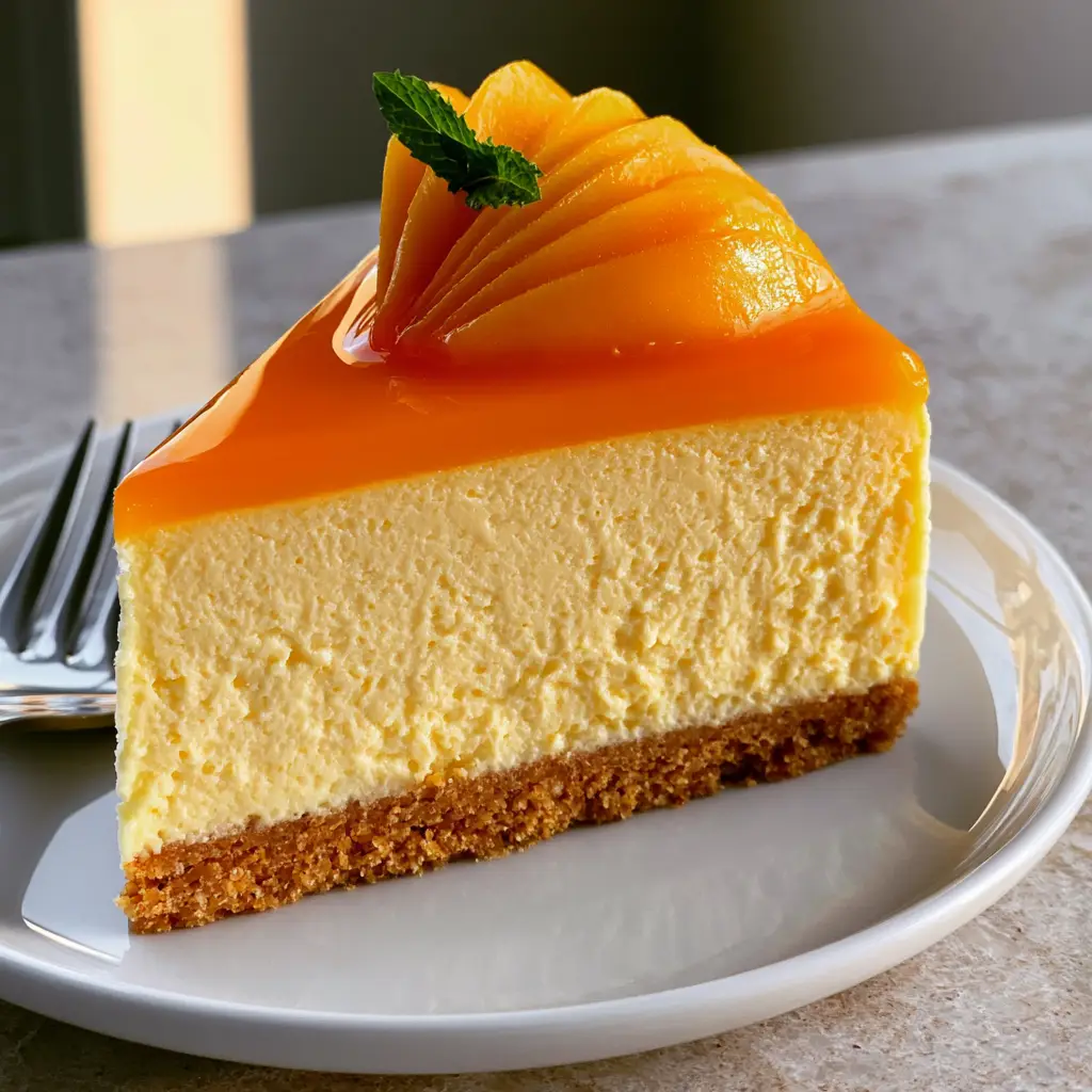 A vertical shot of a mango mousse cake slice highlighting the glossy and reflective mango mirror glaze top layer with a mint leaf.