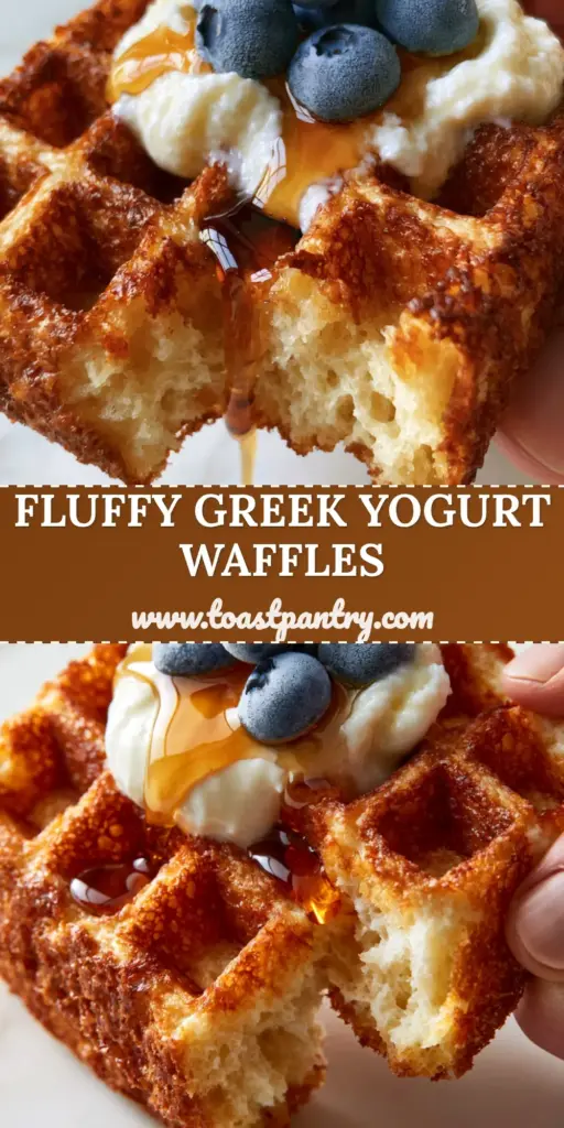 A stack of three golden-brown Greek yogurt waffles topped with a dollop of yogurt, fresh blueberries, and maple syrup.