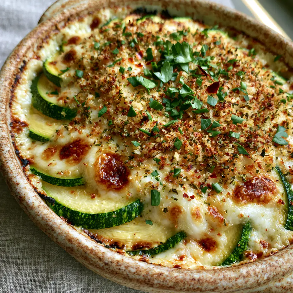 Baked Zucchini and Cheese Casserole with a Crispy Herb Crust 2 Overhead shot of green and yellow zucchini rounds layered with melted parmesan and mozzarella cheese. (Baked zucchini and cheese casserole)