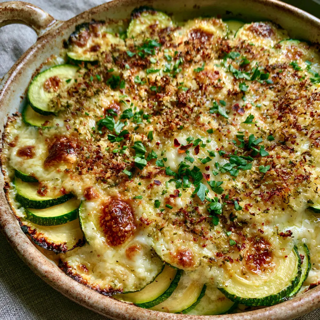 Baked Zucchini and Cheese Casserole with a Crispy Herb Crust 1 Close up of the crispy panko herb topping on a Baked zucchini and cheese casserole.