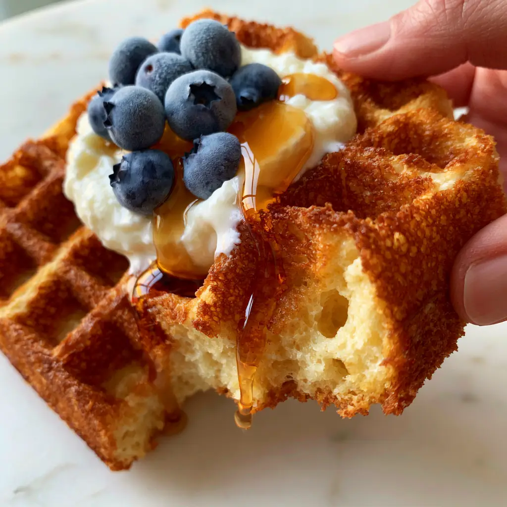 Top view of crispy-edged Greek yogurt waffles with deep pockets filled with glistening maple syrup.