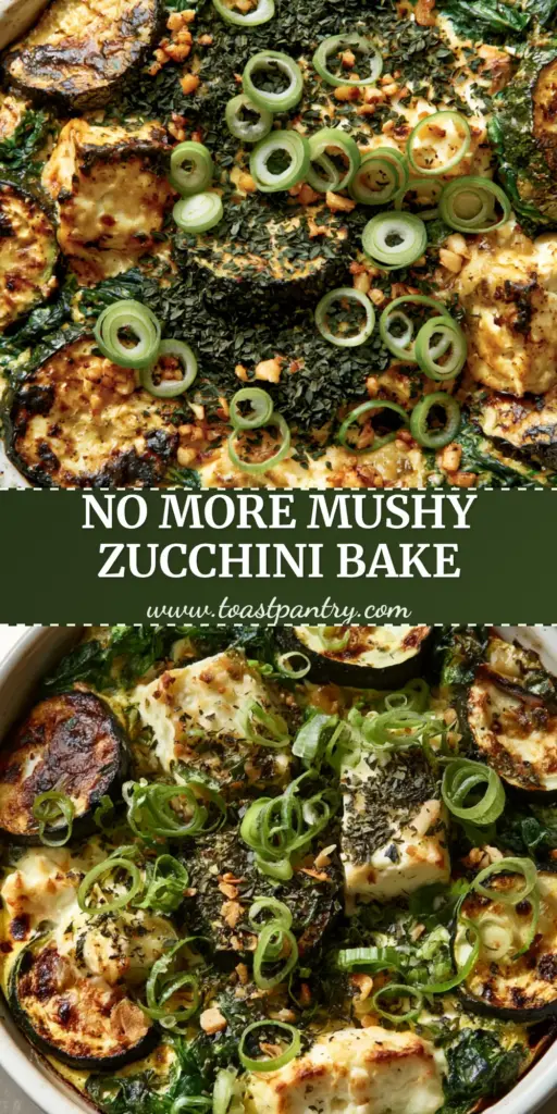 Top-down view of a Mediterranean Baked Zucchini Spinach Feta Casserole in a rustic white dish, showing charred zucchini, melted feta blocks, and green onion garnish.