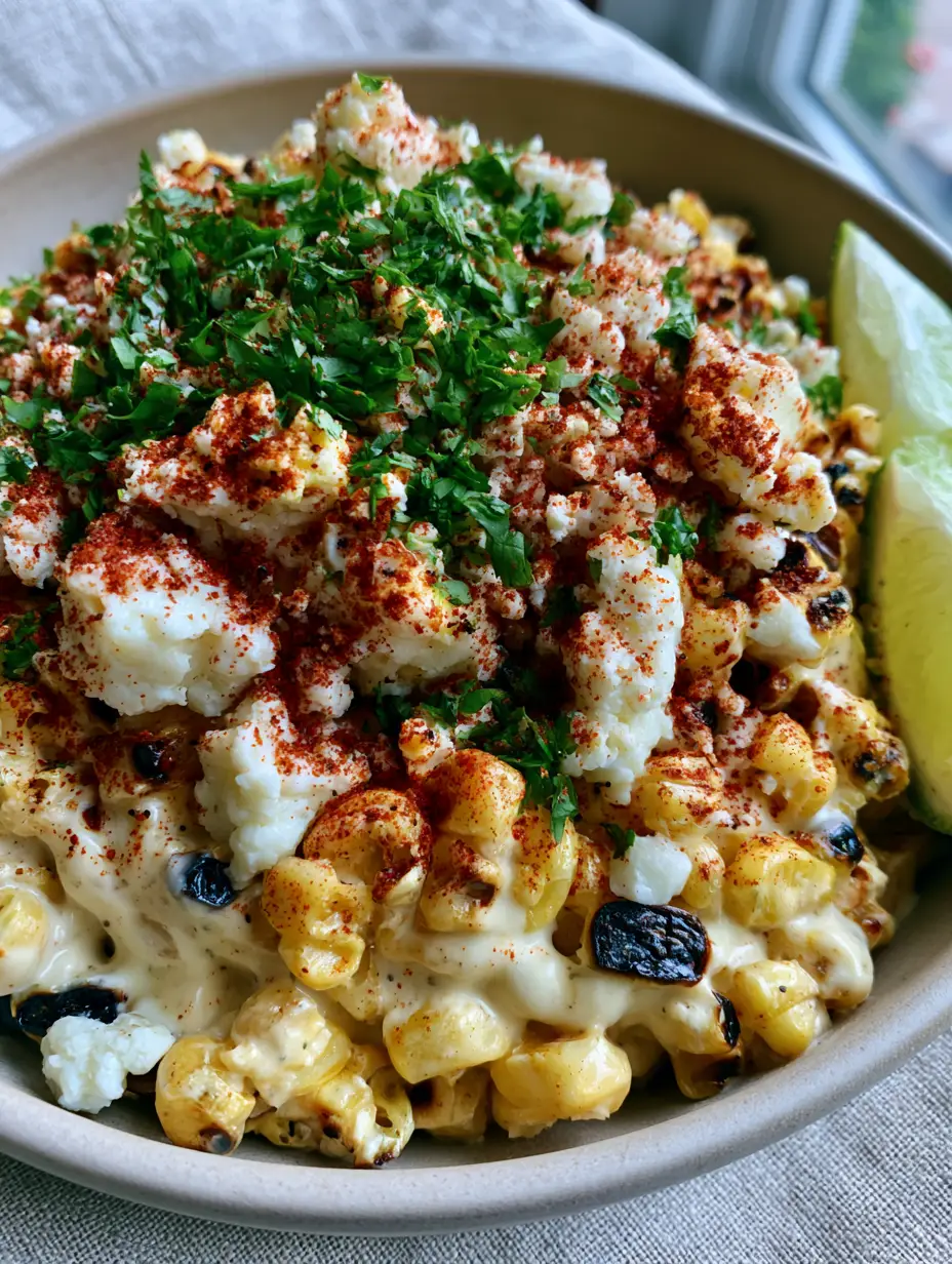 A handheld smartphone photo of a shallow matte ceramic bowl filled with Esquites. The corn has distinct charred edges and is covered in Tajin and cilantro.