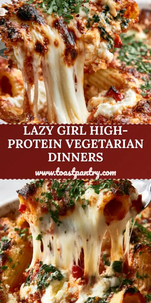 A silver server lifting a portion of cheesy rigatoni pasta bake from a ceramic pan, showcasing long glistening cheese strands and charred edges. (30-minute vegetarian meals)