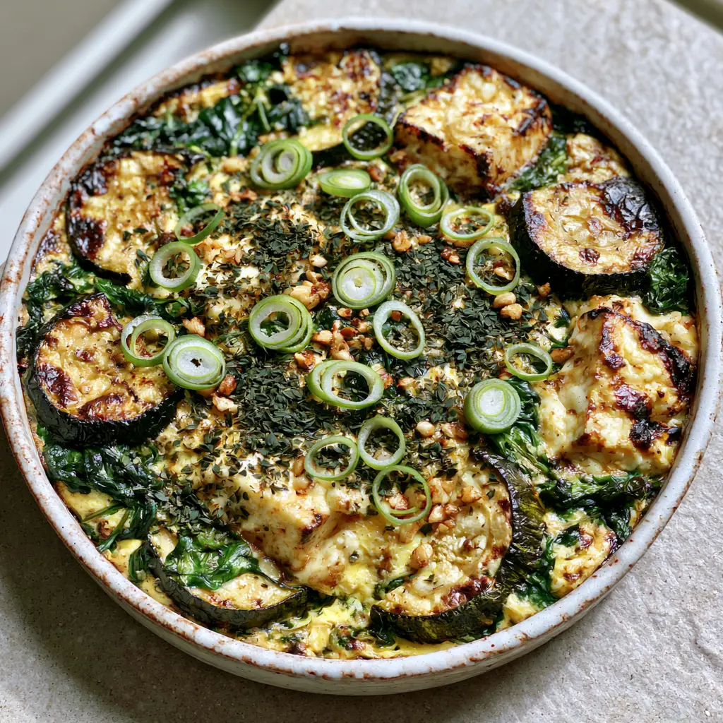 Full view of the Mediterranean zucchini bake on a gray stone countertop with natural lighting.