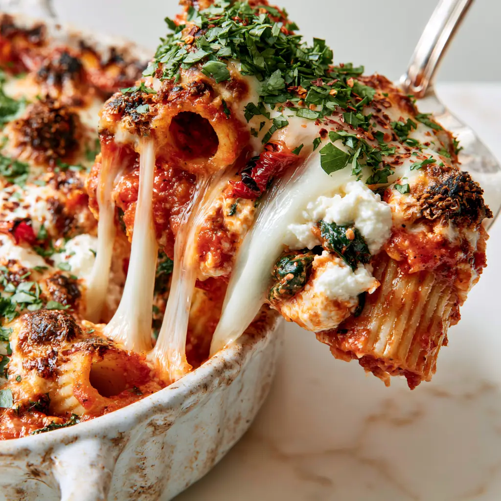 Overhead view of a charred cheese crust on rigatoni pasta with dollops of ricotta and fresh parsley garnish.