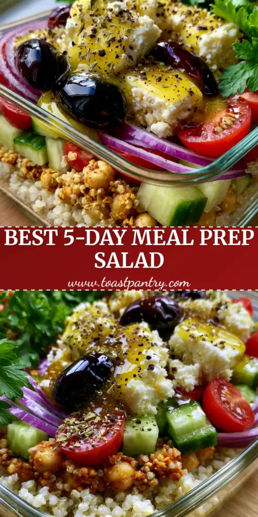 A vibrant Mediterranean quinoa salad layered in a glass meal prep container with fluffy quinoa, chickpeas, feta, and olives. (Mediterranean quinoa salad)