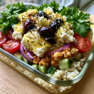 A close-up handheld photo of a Mediterranean quinoa salad showing crisp vegetables and creamy feta crumbles. (Mediterranean quinoa salad)