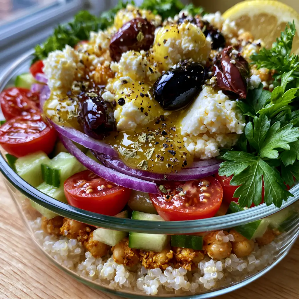Overhead view of a Mediterranean quinoa salad with golden lemon herb vinaigrette and fresh parsley garnish.