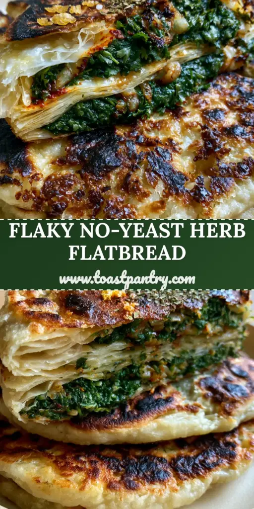 A close-up vertical stack of Moroccan herb-stuffed flatbread with visible flaky layers and golden charred spots. (moroccan herb-stuffed flatbread)