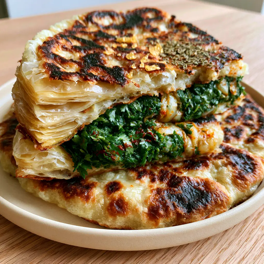 A detailed shot of the shattered flaky crust of a moroccan herb-stuffed flatbread with dried oregano and sea salt on top.