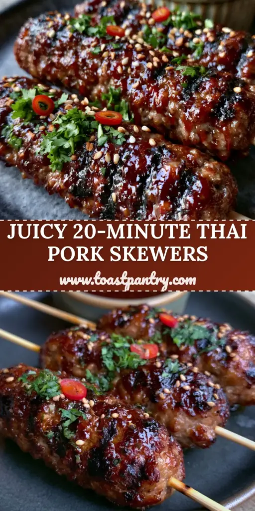 Close up of Thai-style ground pork skewers with mahogany glaze and red chili rings on a charcoal plate.