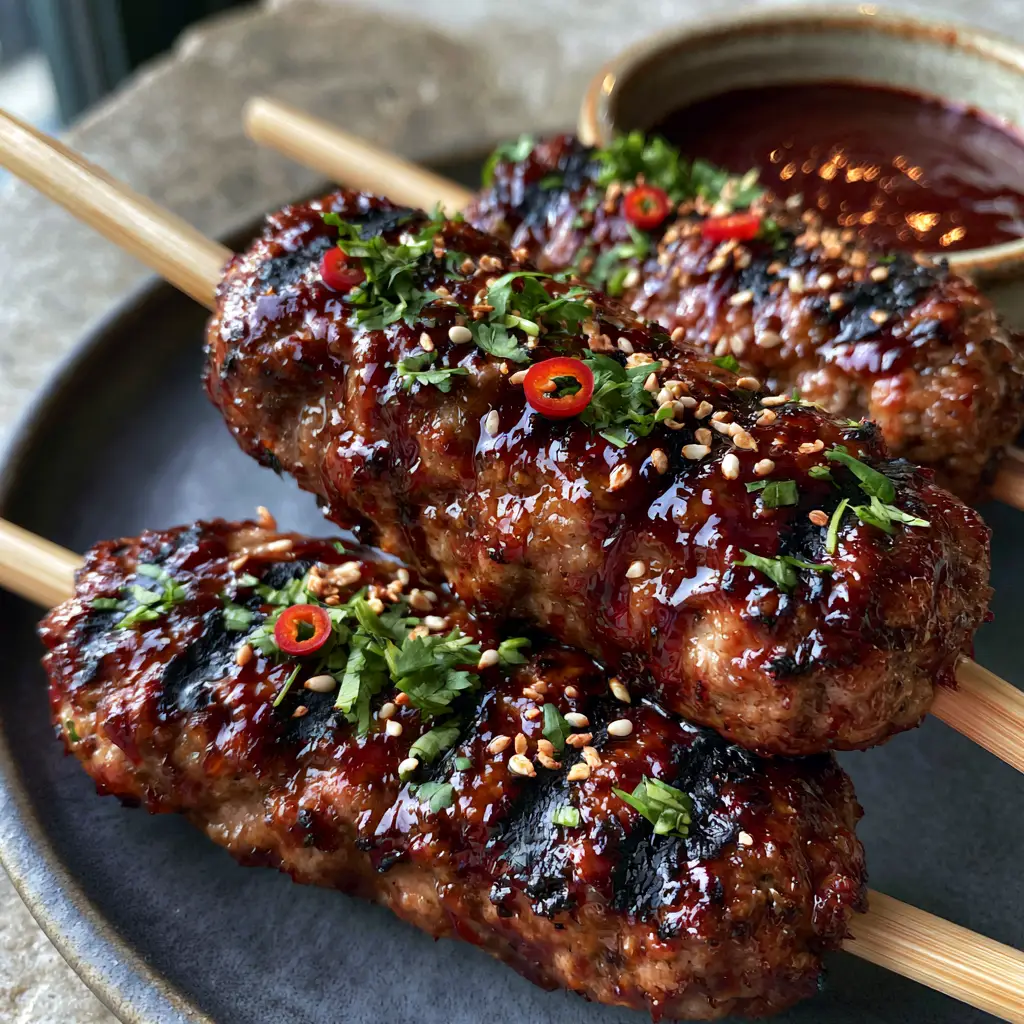 Thai-style ground pork skewers on a charcoal plate with tamarind dipping sauce in the background.