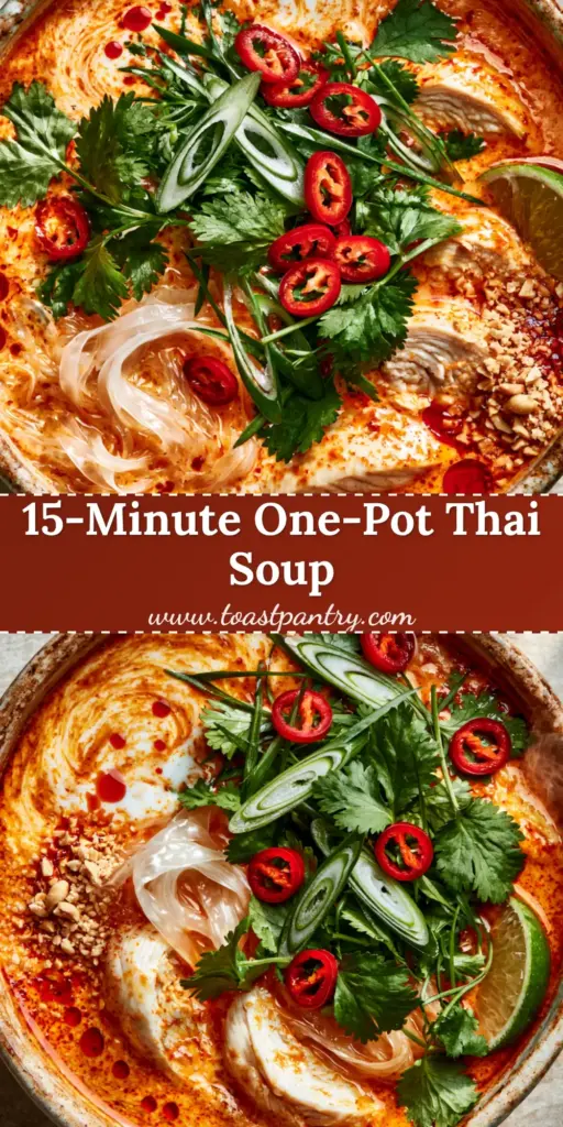 A close-up of Thai red curry noodle soup in a ceramic pot with chicken, noodles, cilantro, and chili oil. (Thai red curry noodle soup)