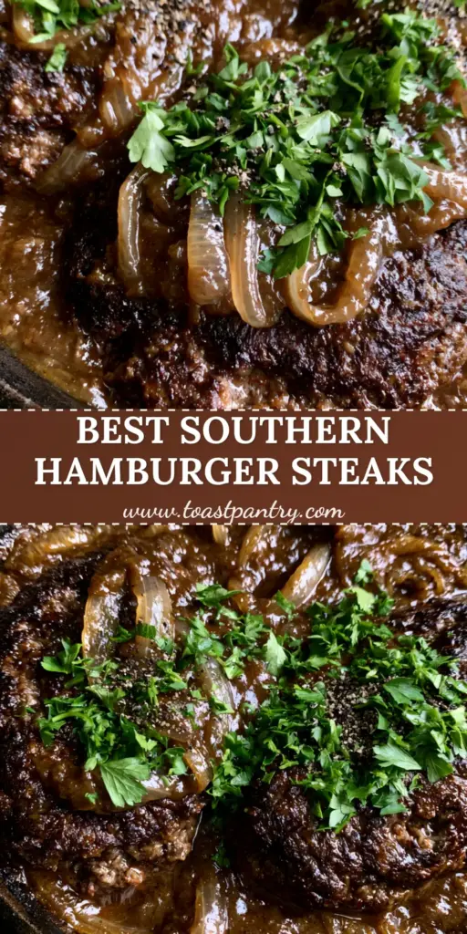 Hamburger Steaks with Smothered Onion Gravy in a Cast Iron Skillet 3 A top-down view of Southern-style hamburger steaks in a cast iron skillet with thick onion gravy and fresh parsley. (hamburger steaks)