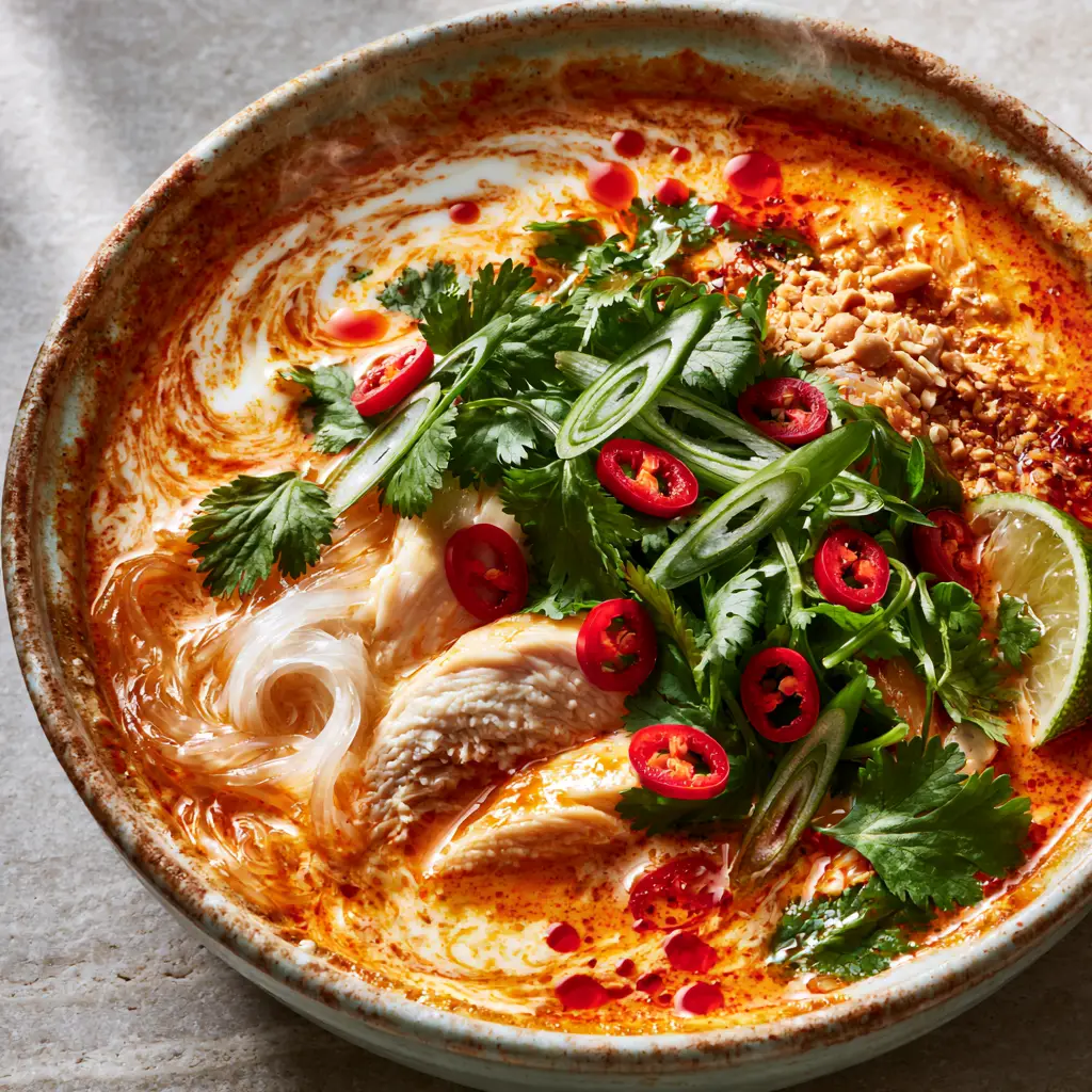 Close-up of poached chicken and silky rice noodles in Thai red curry broth. (Thai red curry noodle soup)
