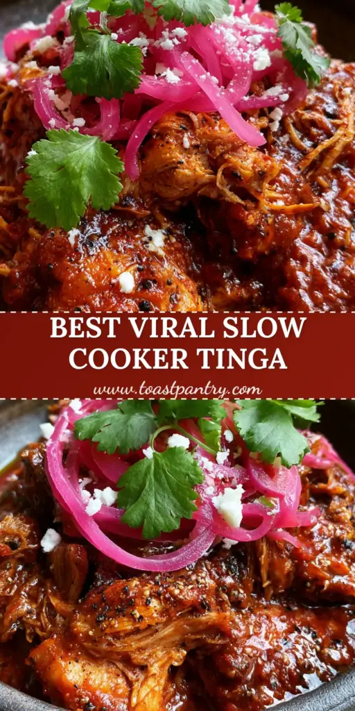 A close-up 45-degree angle shot of a rustic bowl filled with shredded Chicken Tinga, featuring glossy crimson sauce, red onion rings, and white cotija cheese.