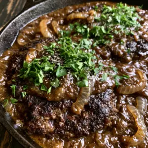 Extreme close-up of seared hamburger steaks with mahogany gravy and jammy caramelized onions. (hamburger steaks)