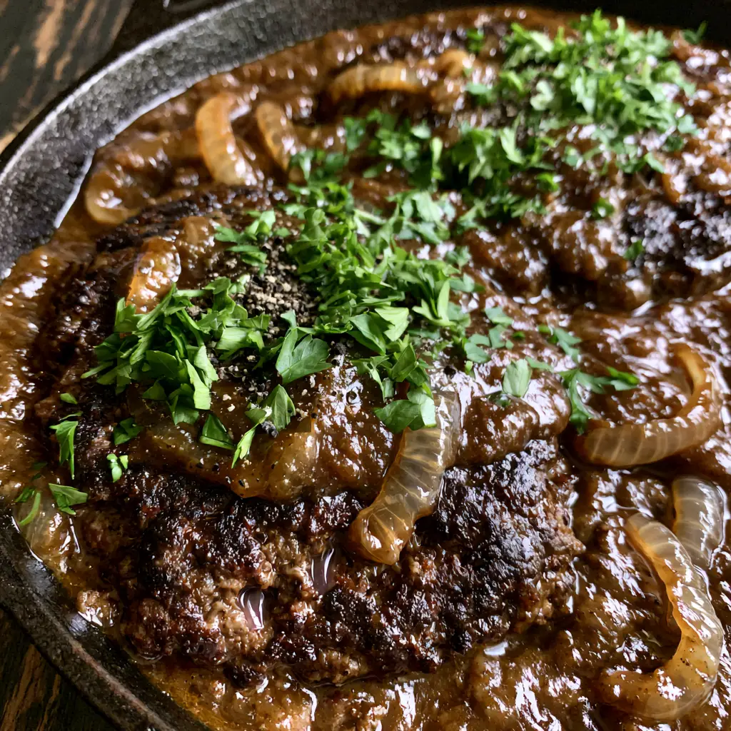 Hamburger Steaks with Smothered Onion Gravy in a Cast Iron Skillet 2 Extreme close-up of seared hamburger steaks with mahogany gravy and jammy caramelized onions. (hamburger steaks)