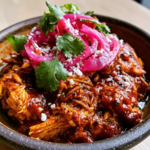 High-detail smartphone photo of shredded Chicken Tinga with visible spice specks and a thick, glossy chipotle tomato glaze.