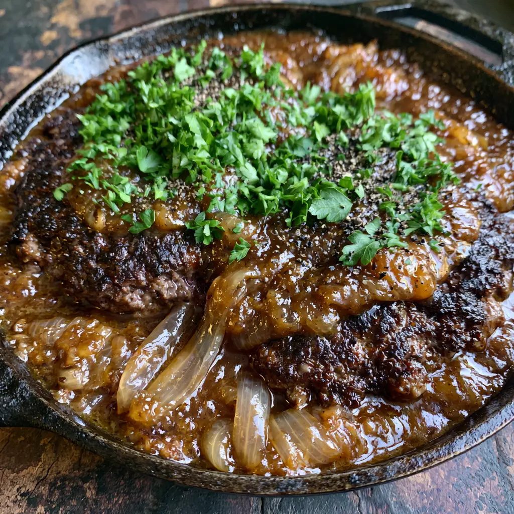 Hamburger Steaks with Smothered Onion Gravy in a Cast Iron Skillet 1 Juicy hamburger steaks in a rustic black skillet with a high-shine gravy glisten.