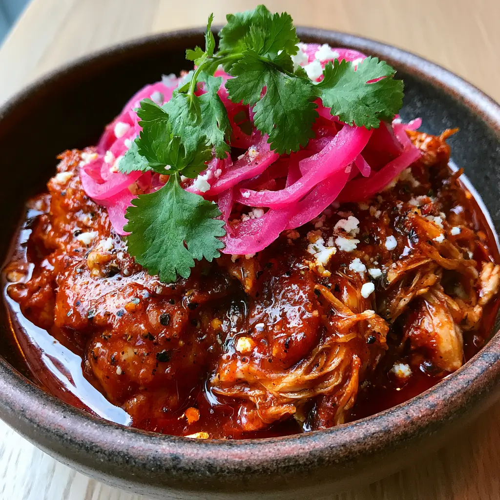 A rustic dark ceramic bowl of Chicken Tinga garnished with pickled red onions, fresh cilantro sprigs, and crumbled cotija cheese.