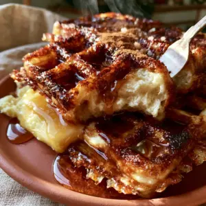 A close-up of Belgian cinnamon brown sugar waffles showing the shattered-glass crispy texture and pooling maple syrup.