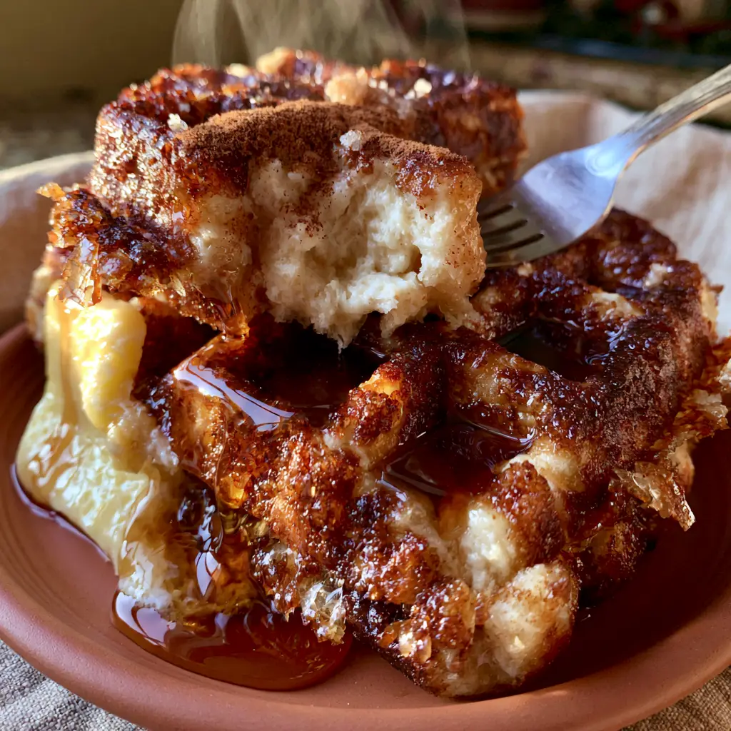 A fork breaking off a piece of a cinnamon brown sugar waffle to reveal a steaming, pale ivory fluffy interior.