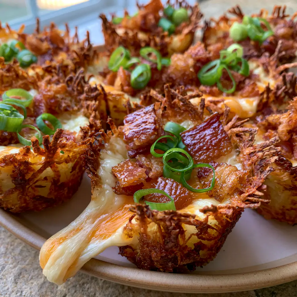 A handheld potato bite being pulled apart to reveal a long gooey cheese stretch. (loaded hashbrown bites)