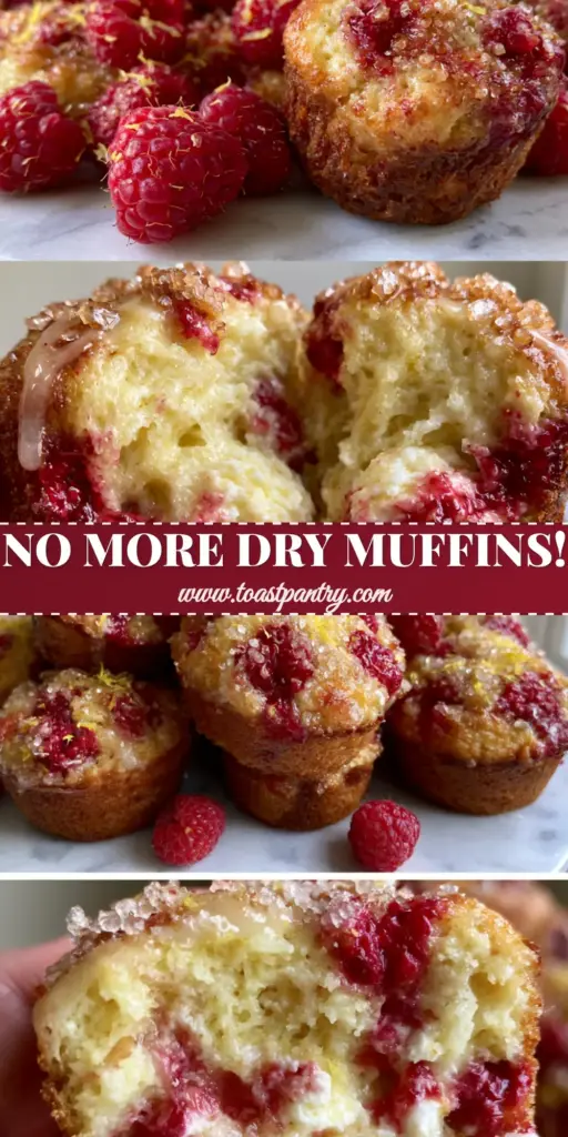 A rustic pile of golden-brown raspberry lemon ricotta muffins featuring whole red raspberries, fine yellow lemon zest, and sparkling turbinado sugar crystals on a white marble surface.