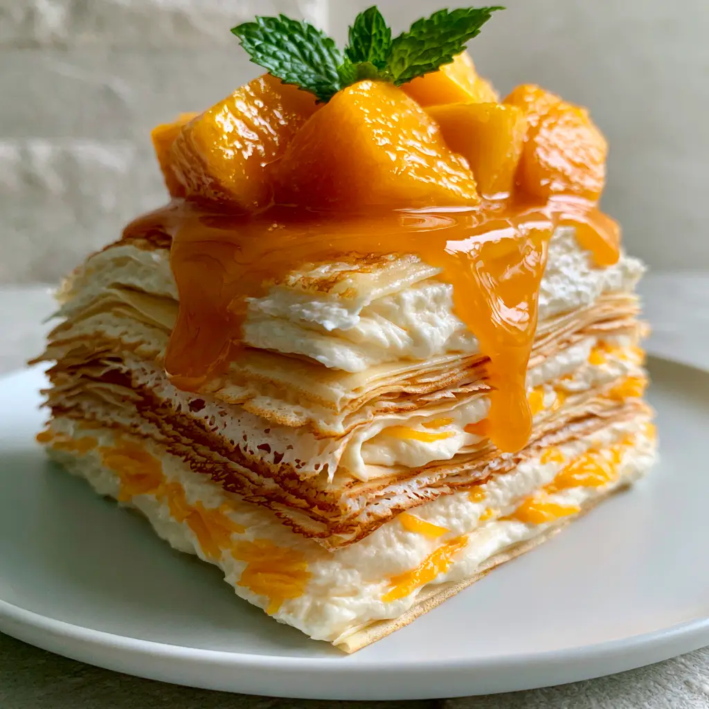 A close-up of the Mango Crepe Cake showing glistening mango cubes and the translucent nectar drip.