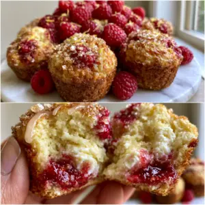 Split screen view showing a pile of golden-brown muffins and a macro close-up of one being torn in half to reveal steaming moist centers and jammy raspberry juice. (raspberry lemon ricotta muffins)