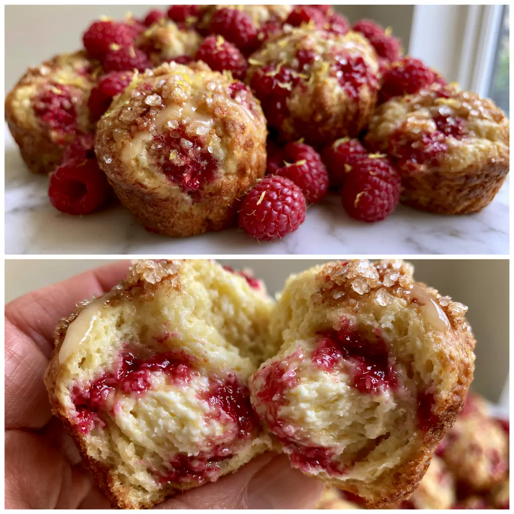 A macro food photography shot of a raspberry lemon ricotta muffin torn apart, showing white ricotta pockets and molten red raspberry juice under a translucent lemon glaze.